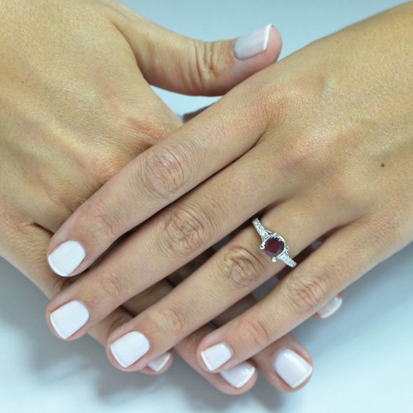 Gemstone & Diamond Engagement Ring 14K White Gold Oval Red Ruby 1.98 TCW - Picture 10 of 12